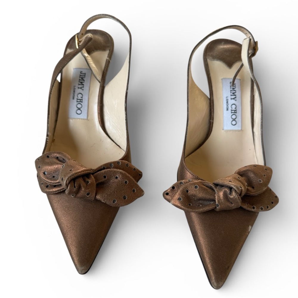 JIMMY CHOO Metallic Bronze Suede Bow Slingback Sandals Size 36 (US 6)